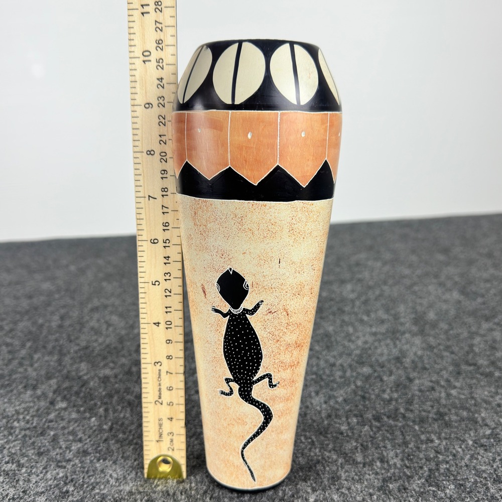Southwestern Hand Painted Gecko Ceramic Vase Set 2pc Tribal Geometric Pattern - Picture 7 of 14